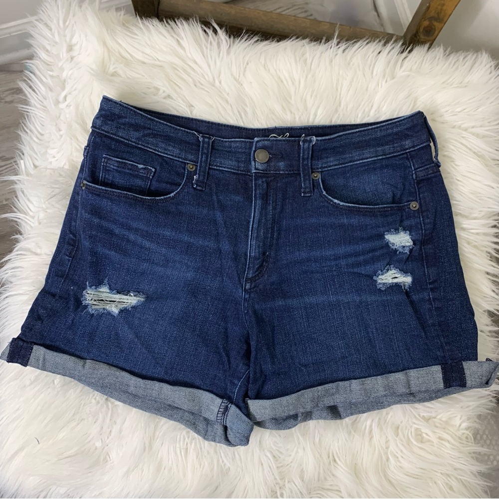 Universal Thread Dark Blue High Rise Midi Distressed Jean Shorts